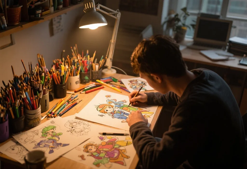 一个艺术家正在绘制PG游戏角色的原画，桌上摆满了色彩丰富的画笔和草图，工作室灯光温暖